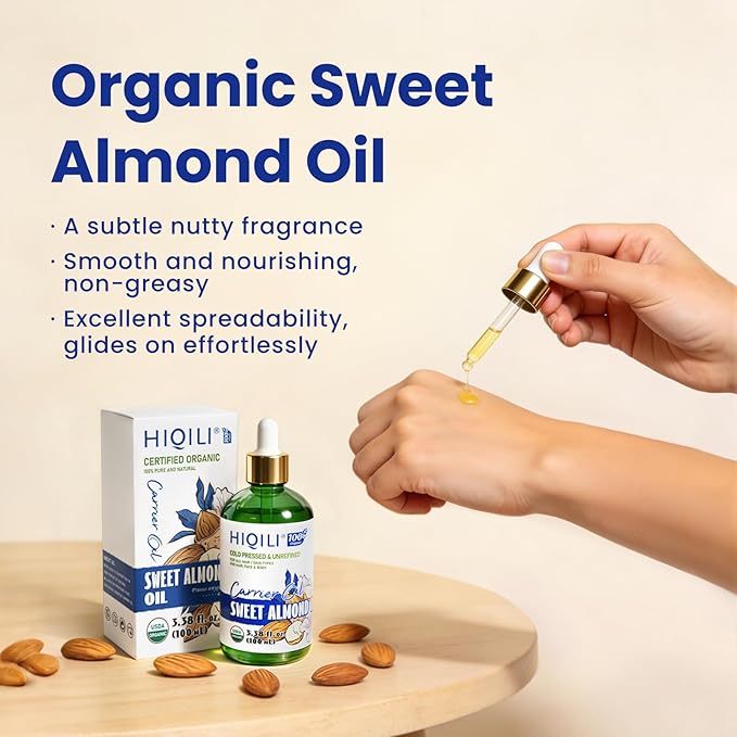 HIQILI Sweet Almond Oil, Skin, Hair Care, 100% Pure Organic Carrier Oil, Hexane Free, Unscented - 3.38 Fl Oz