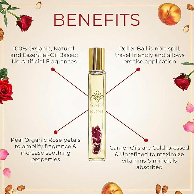 SAFA Rosé Organic Rose Oil Perfume Roller | Bulgarian Damask & Indian Rose Petals | 10 mL Long Lasting Perfume Oil for Women & Men | Non-Toxic, Alcohol-Free & Travel Friendly
