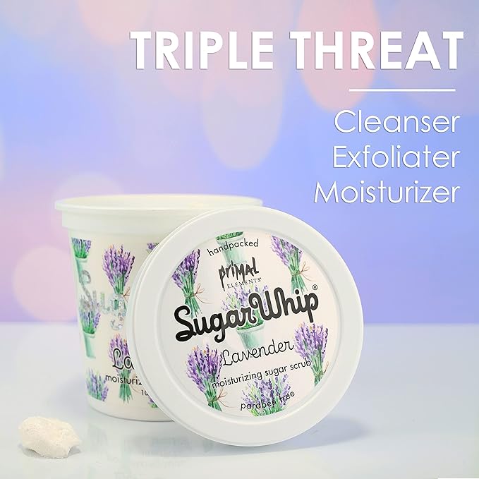 Primal Elements Sugar Scrub, Exfoliating Sugar Whip, Face and Body Cleanser, Moisturizer, Lavender, 10 oz Package