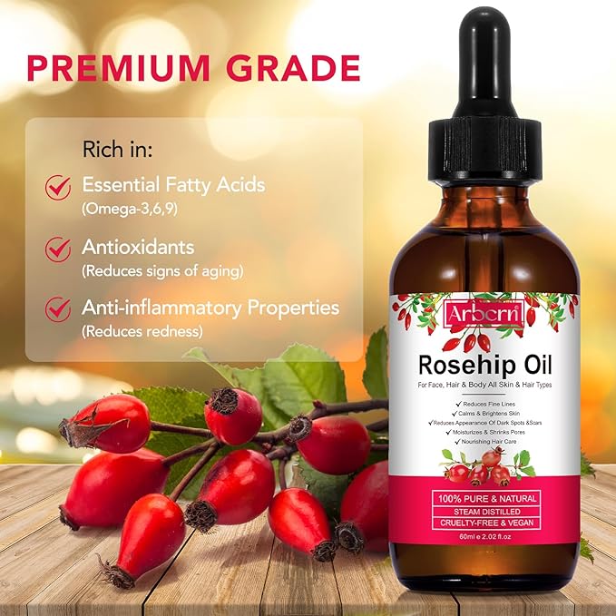 A r b c r n Rosehip Oil for Face,100% Pure Rosehip Seed Oil Cold Pressed Moisturizer for Hair, Skin & Nails 2 fl.oz