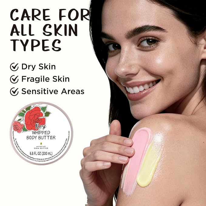 Rose Whipped Body Butter, Shea Body Butter for Women Dry Skin, Natural Rose Lotion for Body Moisturizer-Deep Moisturizing and Softening-6.8 floz(200ml)