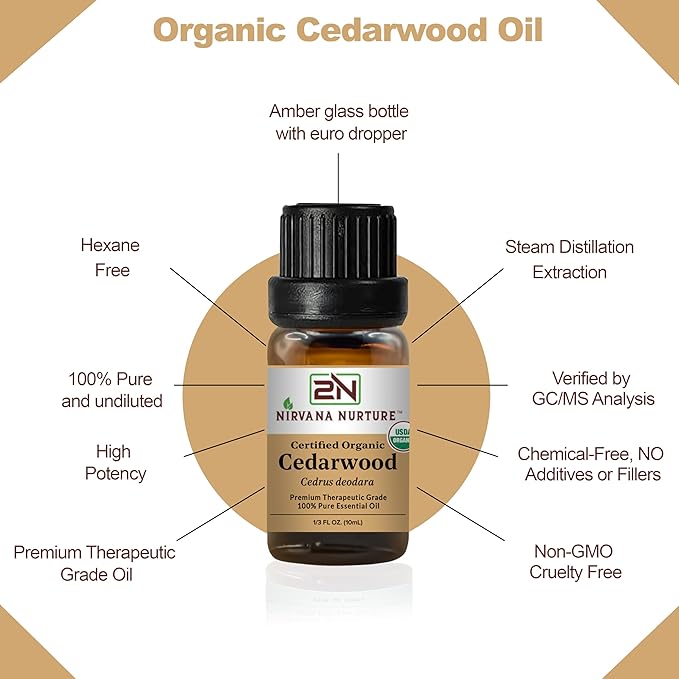 Cedarwood Essential Oil, USDA Certified Organic, 100% Pure Undiluted, Aromatherapy Oil for Diffuser, Hair & Skin Care