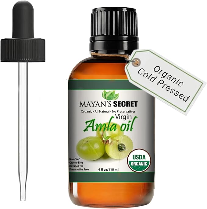 Mayan’s Secret Organic Amla Oil for Hair & Scalp – Cold Pressed Indian Gooseberry Oil, USDA Certified Organic, Unrefined, Natural Conditioning Oil for Shine & Moisture – 4 oz Amber Glass Bottle