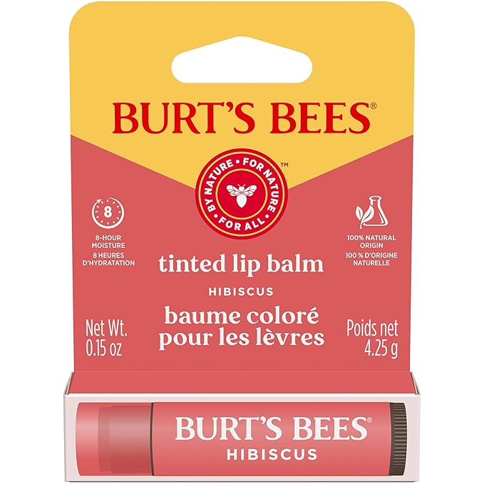 Burt's Bees Lip Tint Balm, Long Lasting 2 in 1 Duo Tinted Balm Formula, Color Infused with Hydrating Shea Butter for a Natural Looking Buildable Finish, Hibiscus, 1 Tube (Pack of 2)