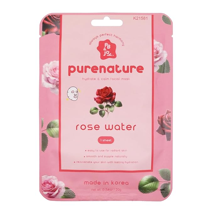 PB & JAY Purenature Facial Mask – Premium Quality Korean Sheet Mask for Soft, Calm Skin – Korean Collagen Essence Hydrating Facemask Sheet (Rose Water)