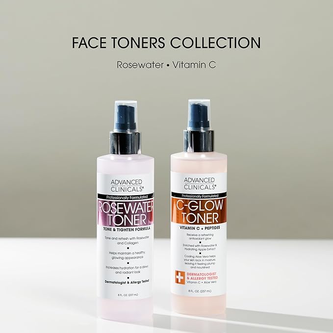 Advanced Clinicals Vitamin C Glow Facial Mist Toner for Face W/Rosewater, Ferulic Acid, & Peptides. Vitamin C Antioxidant Moisturizer Face Mist Provides Instant Skin Hydration, Non-Greasy, 8 Fl Oz