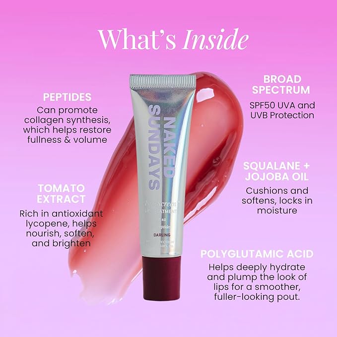 Naked Sundays Poutscreen SPF 50 Lip Treatment – Hydrating Lip Balm with Broad Spectrum, Glossy Non-Sticky Finish, Nourishing Lip Care with Peptides for Protected Lips - 15ml (Darling)