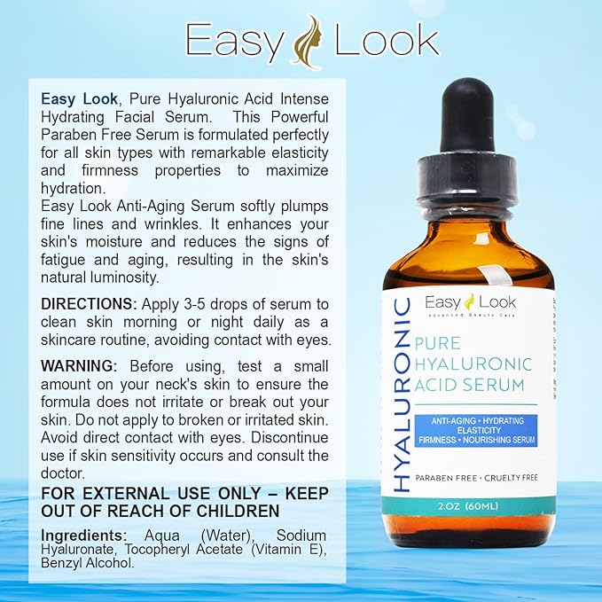 Pure Hyaluronic Acid Serum for Face Anti Aging, Fine Lines, Dark Spots, & Dry Skin 2 oz
