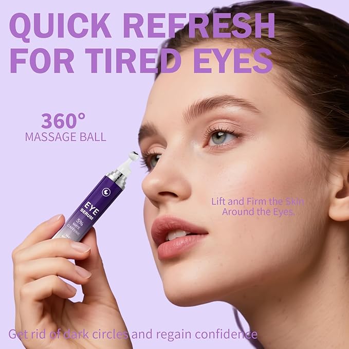 Eye Serum with 5% Mate Caffeine, Under Eye Cream for Puffy Bags Fine Lines Dark Circles Wrinkles, 360° Roller Massage Ball Eyes Treatment Serum Brightens Tired Eyes 5ml 0.5 fl. oz