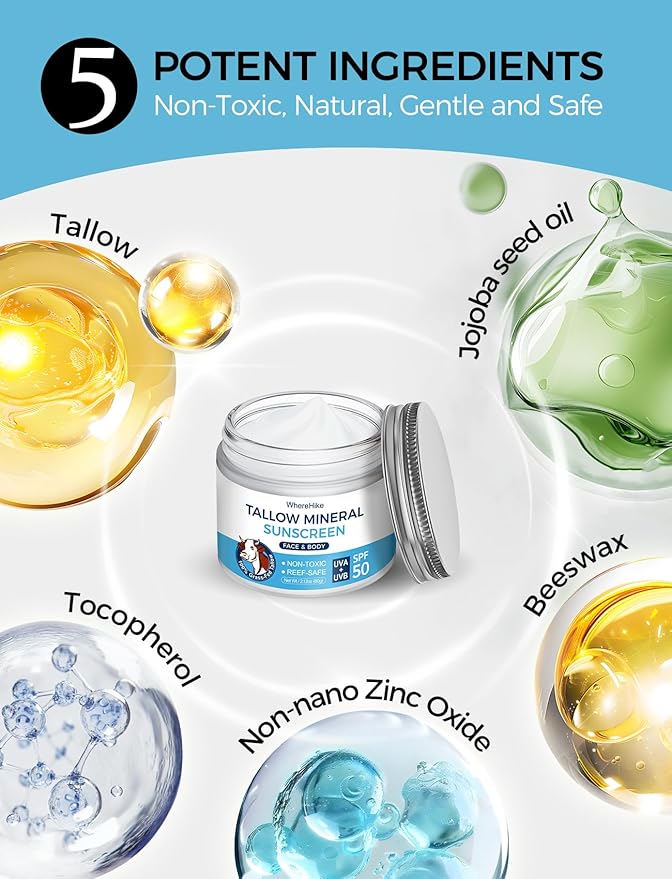 Stilip Organic Beef Tallow Sunscreen-SPF 50 with Zinc Oxide,Non-Toxic 2-in-1 Moisturizer & Mineral Sunblock | Reef Safe, Chemical-Free,Lightweight, Clean Formula for Sensitive Skin Natural Sunscreen.