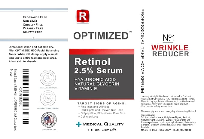 Retinol Serum 2.5% with Hyaluronic Acid, Glycerin, Vitamin E - Reduce Wrinkles, Fine Lines, Even Skin Tone, Sun Spots, Age Spots - Boost Collagen Production 1 fl oz - OPTIMIZED LAB Guaranteed