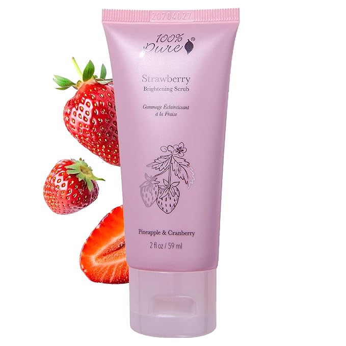 100% PURE Strawberry Brightening Facial Scrub Antioxidant-Rich for Radiant, Smooth Skin - Papaya & Pineapple Enzymes Natural Glow Exfoliator - Gentle Exfoliating Face Wash for Women & Men - 2 Fl oz