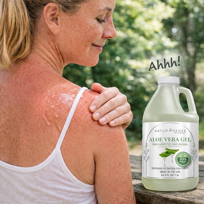 NTRSNS NaturSense 99% Organic Aloe Vera Gel 64.2 oz, Cold Pressed Pure Aloe for Face, Hair, Scalp, Sunburn, Dry Skin, Sensitive Skin, DIY Skincare, Unscented Refill Bottle. Made in USA