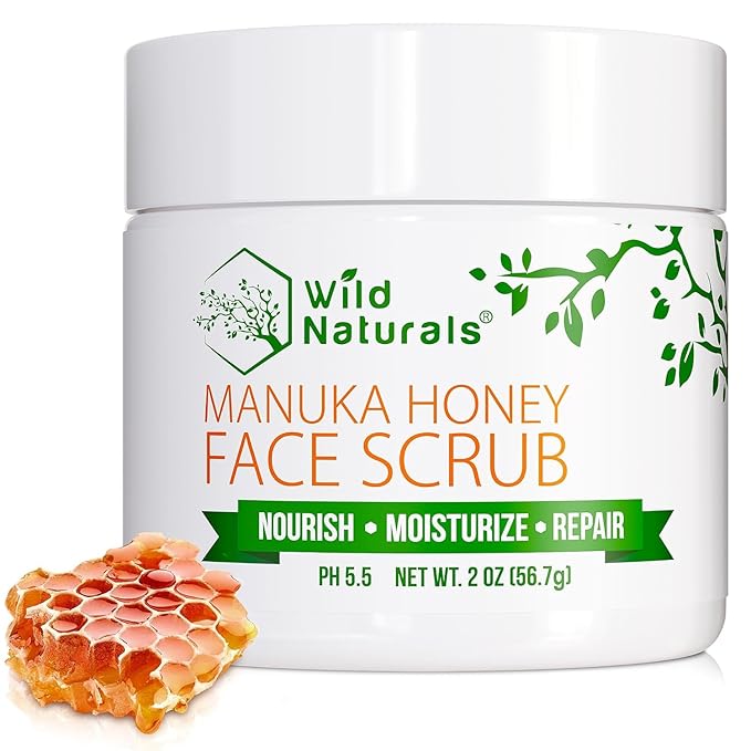 Manuka Honey Face Scrub - Gentle & Natural Blemish Control Exfoliator - Non-Toxic Facial Cleanser for Acne, Eczema, Blackheads, Dry & Sensitive Skin - Hydrating Exfoliating Scrub