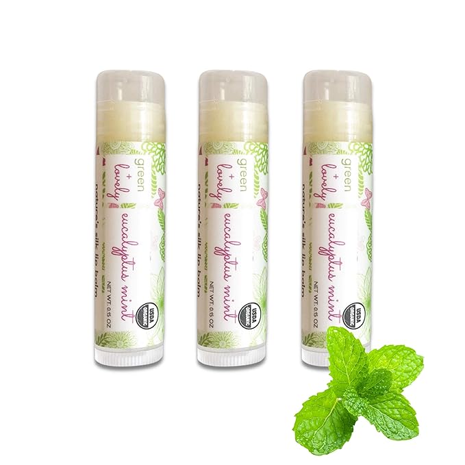 Organic Certified Lip Balm Butter(3 Pack) by Green and Lovely | Eucalyptus Mint Lip Oil for Total Hydration and Repair | 0.15 oz Lip Moisturizer Tube made with Premium Organic Ingredients | Heals Qui