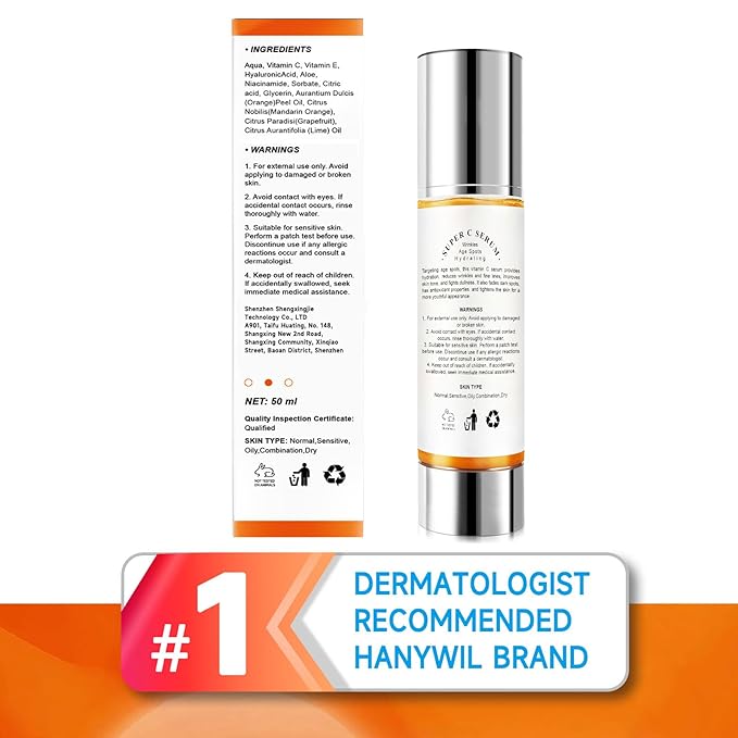 HANYWIL 20% Super Vitamin C Serum for Mature Skin, Targets Age Spot & Wrinkle Reduction with Hyaluronic Acid, Hydrating Anti-Age Serum 1.7fl oz