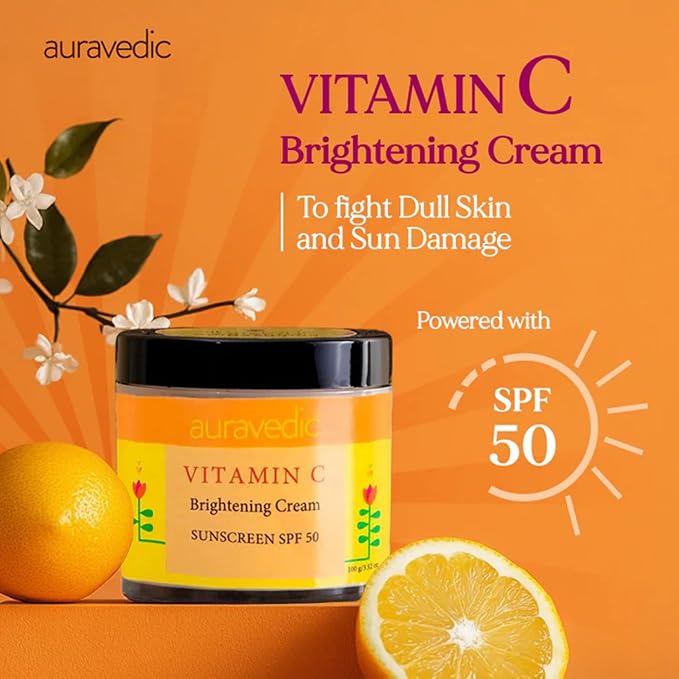 Auravedic Vitamin C Face Cream with SPF 50 for Glowing Skin | Reduces Sun Damage & Revives Dull Skin | Organic Hydration | Argan & Avocado Oil Infused Sunscreen Moisturizer | 3.53 Oz (100g)