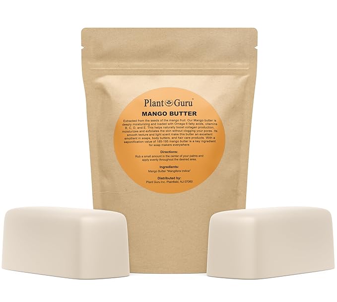 Plant Guru Raw Mango Butter 2 lbs. Bar - 100% Pure Natural Unrefined - Great for Skin, and Hair Growth. DIY Soap Making, Body Butters, Lotions and Creams.