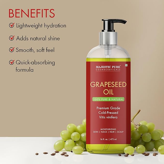 Majestic Pure Grapeseed Oil - 100% Pure & Natural - Premium Grade, Cold-Pressed, Hexane-Free Carrier Oil for Skin, Hair and Body - Moisturizing Skin, Hair and Scalp - 16 Fl Oz