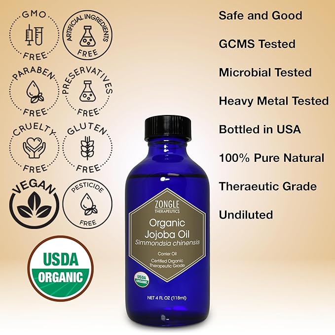 Organic, Jojoba Oil, for Skin, Hair, Face, Nails – 100% Pure, Jojoba Oil, Cold Pressed, Unrefined, by Zongle Therapeutics, 4 OZ