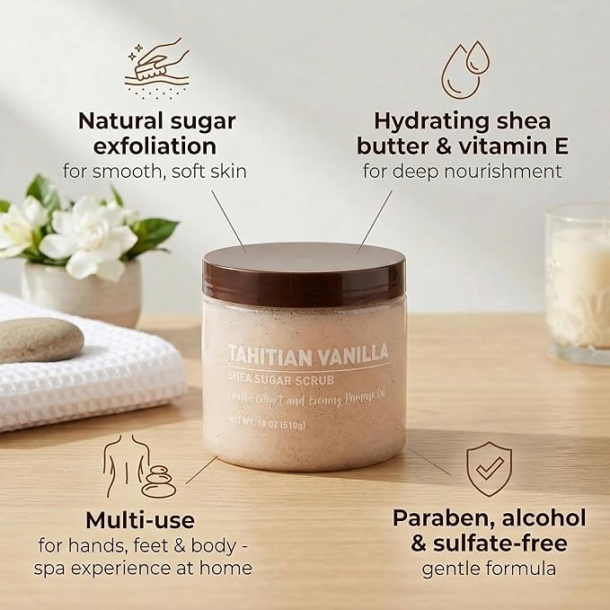Vanilla Bean Sugar Scrub – Exfoliating Body Scrub for Women, Moisturizing Shea Butter, Natural Sugar Exfoliant, Hand and Foot Scrub, Paraben-Free, All Skin Types, 18 oz (18oz, Tahitian Vanilla)
