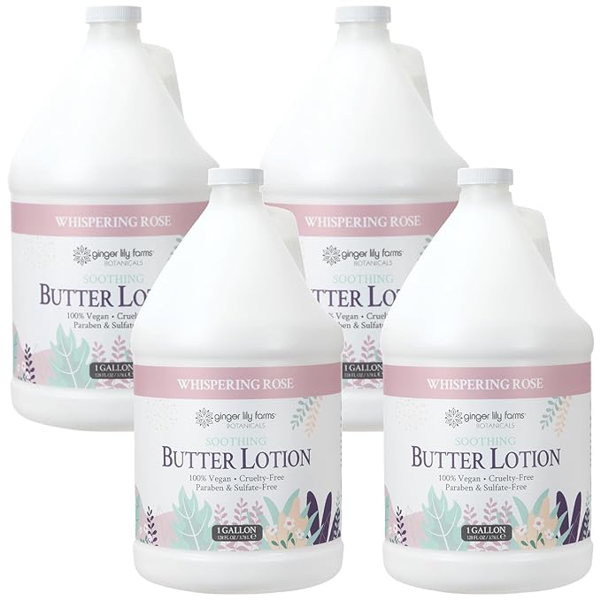 Ginger Lily Farms Botanicals Soothing Butter Lotion for Dry Skin, 100% Vegan & Cruelty-Free, Whispering Rose Scent, 1 Gallon (Pack of 4)