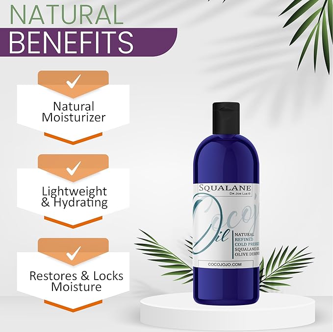 Dr Joe Lab Squalane Oil Pure Plant Derived Refined Cold Pressed Squalene From Olives Vegan Undiluted Bulk Carrier Oil for Face Skin Hair Body Cosmetics Natural Cleanser Moisturizer (2 oz)