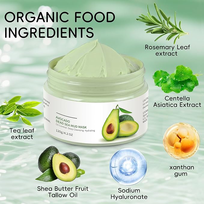 Clay Mud Face Mask for Women,Avocado Dead Sea Mud Facial Mask Skincare,Deeping Cleansing,Oil Control,Hydrating Face Cleaning Clay Masks for All Skin Types (4.2OZ)