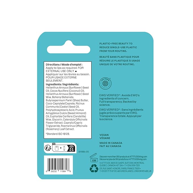 ATTITUDE Plastic-free Lip Balm, EWG Verified Plant- and Mineral-Based Ingredients, Vegan and Cruelty-free Personal Care Products, Unscented, 0.3 Oz (Pack of 2)
