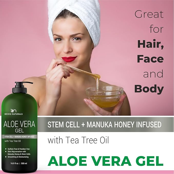 Aloe vera Gel - from 100% Pure Organic Aloe Infused with Manuka Honey, Stem Cell, Tea Tree Oil - Natural Raw Moisturizer for Face, Body, Hair. Perfect for Sunburn, Acne, Razor Bumps 16.9 fl oz