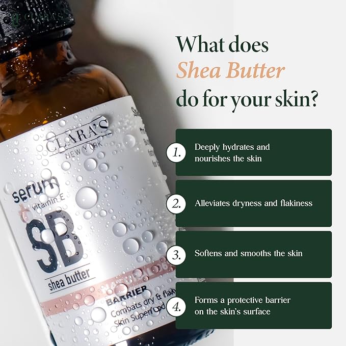 CLARA'S NEW YORK Barrier Shea Butter Facial Serum with Vitamin E – Hydrating & Soothing Daily Face Serum – Made in USA 30ml (1 Fl Oz)