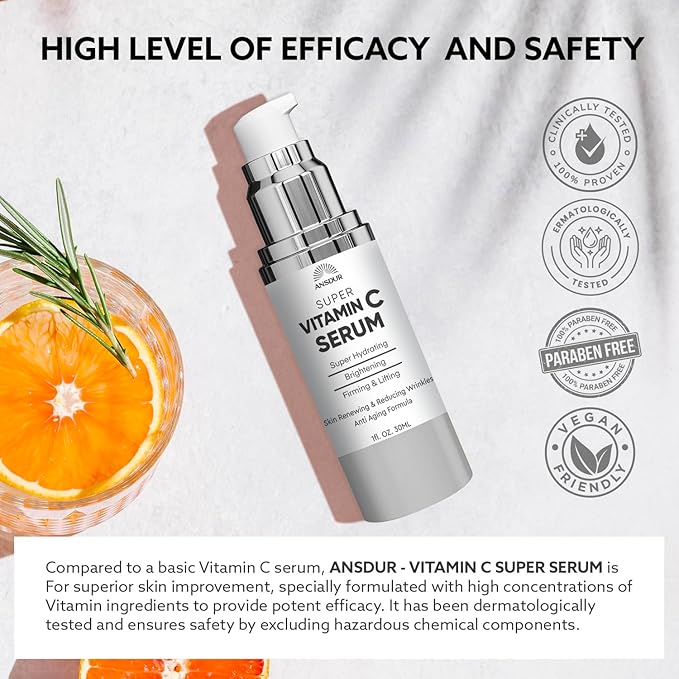 Super Vitamin C Serum for Women Over 70: Vitamin C Face Serum, Niacinamide, Bakuchiol, Hyaluronic Acid, Hydrating, Lifting, Reduces Aging Spots and Wrinkles - Korean Skin Care, 1 fl oz