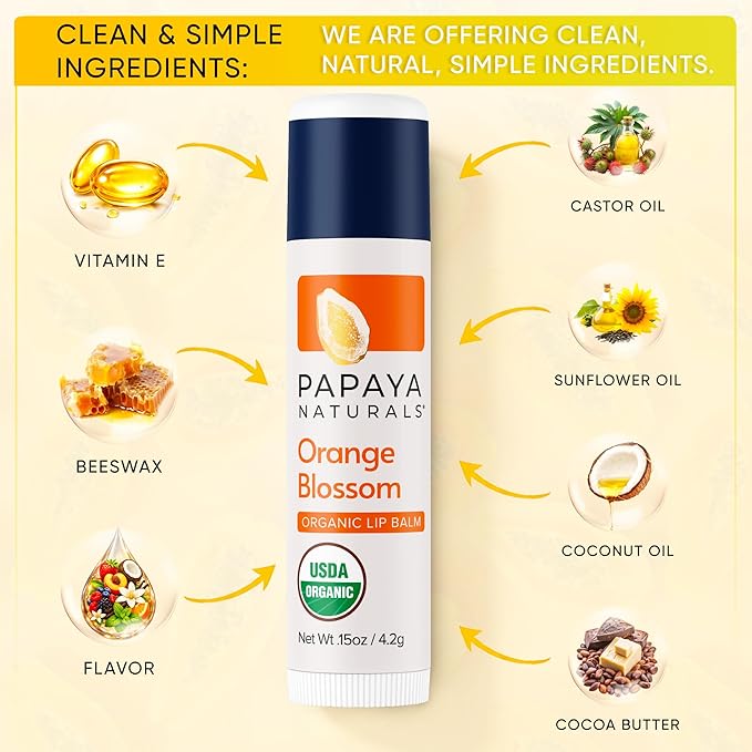 Papaya Naturals USDA Organic Lip Balm Set, 6 Pack – Organic Beeswax, Cocoa Butter & Vitamin E Lip Balm for Dry Lips – Moisturizing Natural Lip Care with Assorted Fruit Flavors