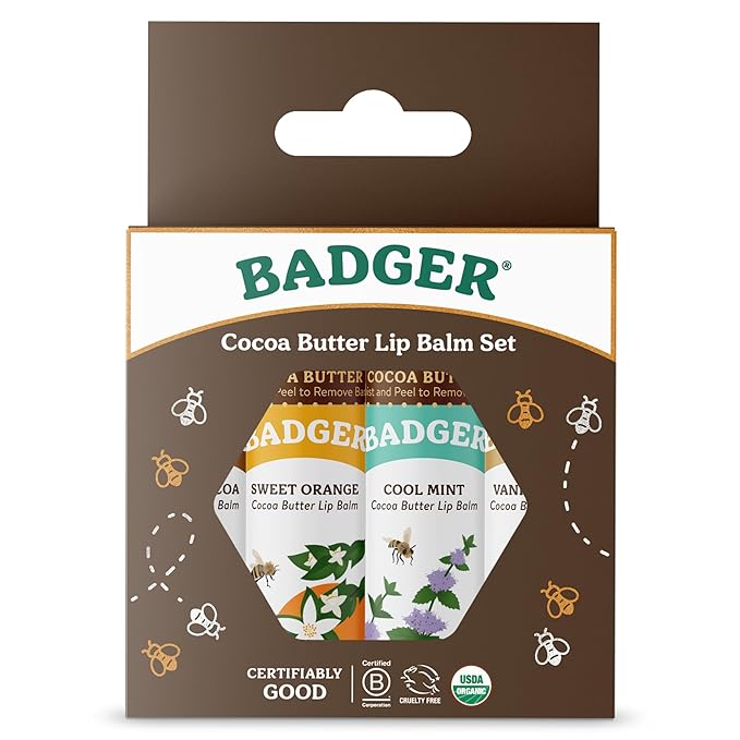 Badger Cocoa Butter Lip Balm Set, 100% Organic, Long Lasting Lip Moisturizers, Lip Care Variety Pack (Cocoa, Orange, Mint & Vanilla), All Natural Lip Balms, 4-pack