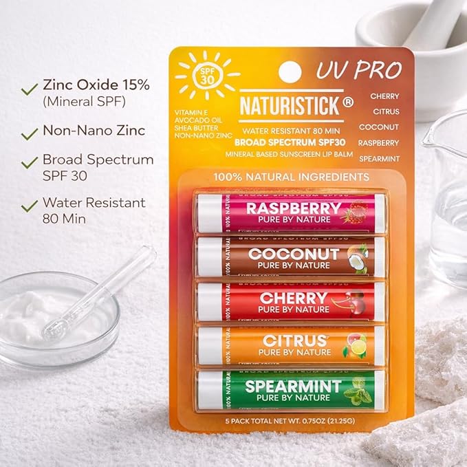 Naturistick UV Pro® Mineral SPF 30 Lip Balm – Assorted (5-Pack), Broad Spectrum Sun Protection