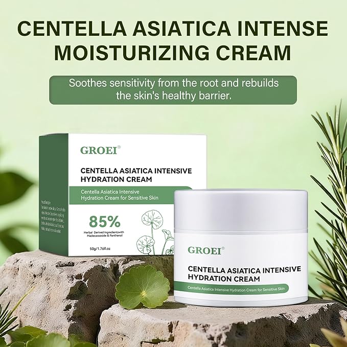 Centella Asiatica Intensive Hydration Cream, 85% Natural Ingredients, Long-Lasting Moisturizer for Sensitive & Dry Skin, Face Moisturizer Cream, 50g
