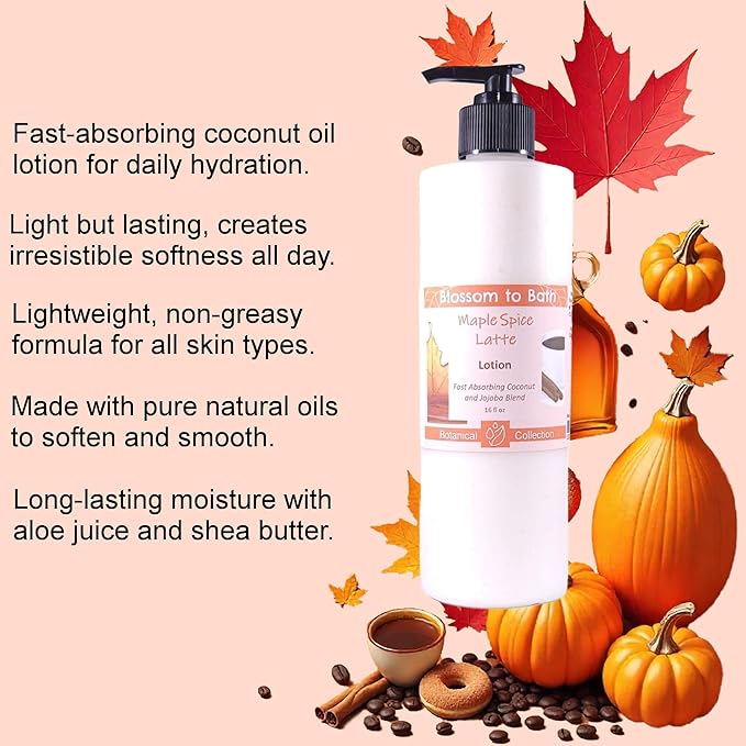 Blossom to Bath Maple Spice Latte Lotion (16 ounce) - Natural Fragrance - Absorbs Quickly with a Pumpkin Spice Latte Scent