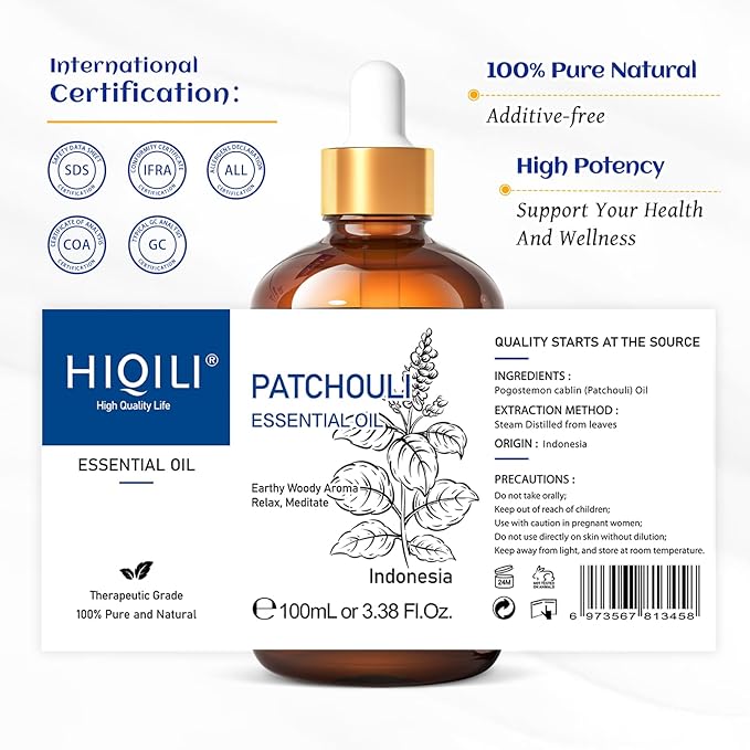HIQILI Patchouli Essential Oil,100% Pure & Natural for Homemade Perfume, Sooth Skin, Nourish Hair at Home with Diffuser, Gift for Hippie Friend - 3.38 Fl Oz