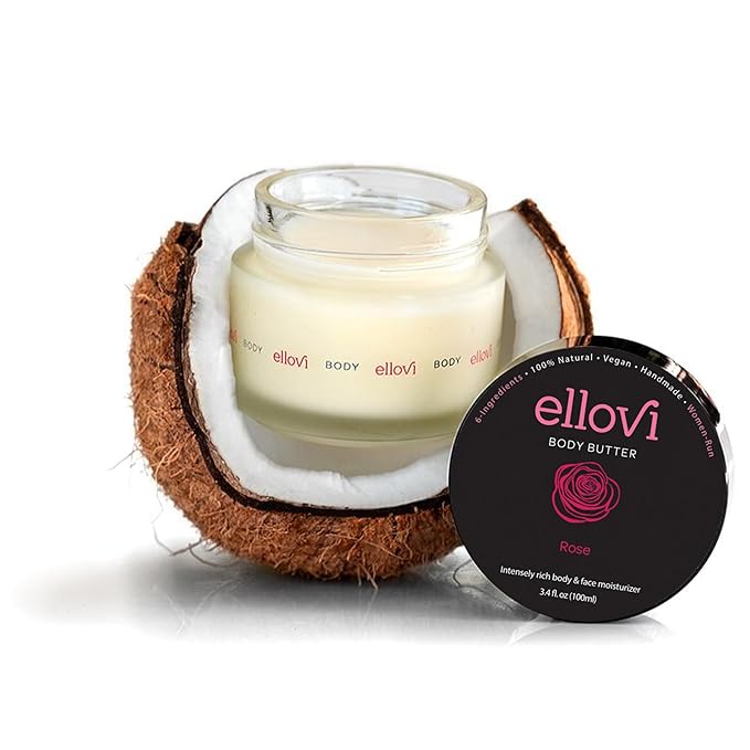 Ellovi All-Natural Body Butter - Rose - Pure Enough to Eat - Made With Just 6 Vegan Ingredients - Ultra-Rich 100% Plant-Based Hydrating Moisturizer For Naturally Healthy Skin (3.4 fl. oz/100ml)