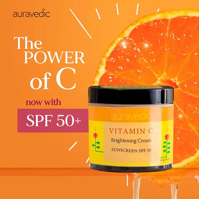 Auravedic Vitamin C Face Cream with SPF 50 for Glowing Skin | Reduces Sun Damage & Revives Dull Skin | Organic Hydration | Argan & Avocado Oil Infused Sunscreen Moisturizer | 3.53 Oz (100g)