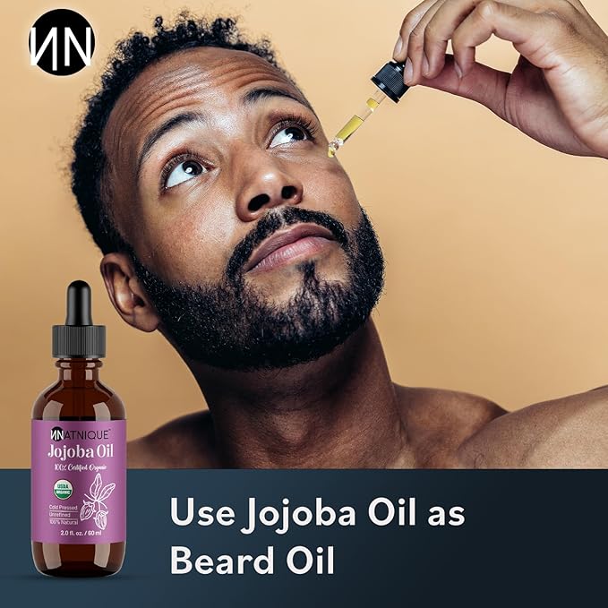 Natnique Organic Jojoba Oil – Brush Included – USDA Certified, Cold Pressed, Unrefined & Hexane-Free – Pure Moisturizer for Hair, Face, Skin, Beard, Scalp, Nails & Cuticles – Natural Care (2 oz)