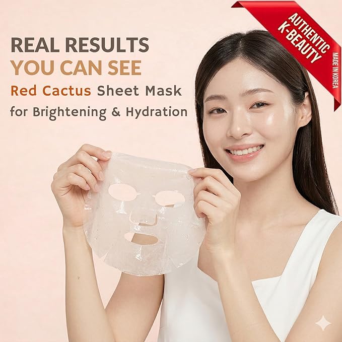 ELT Red Cactus Extract Sheet Mask 10 Pack (5,000 ppm) - Hydrating & Plumping Korean Face Mask with Hyaluronic Acid - Brightening & Anti-Aging Care, Vegan Korean Skincare (25g / 0.88 oz Each)