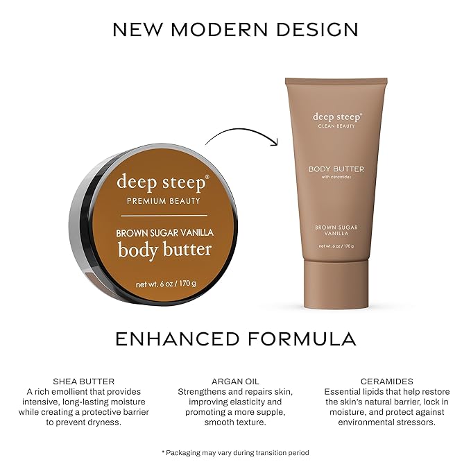 Deep Steep Body Butter, 6 oz – Rich Moisturizer with Ceramides, Coconut Oil, Argan Oil & Aloe Vera – Vegan, Clean Beauty, Smooth & Hydrated Skin (6 Ounces, Brown Sugar Vanilla)