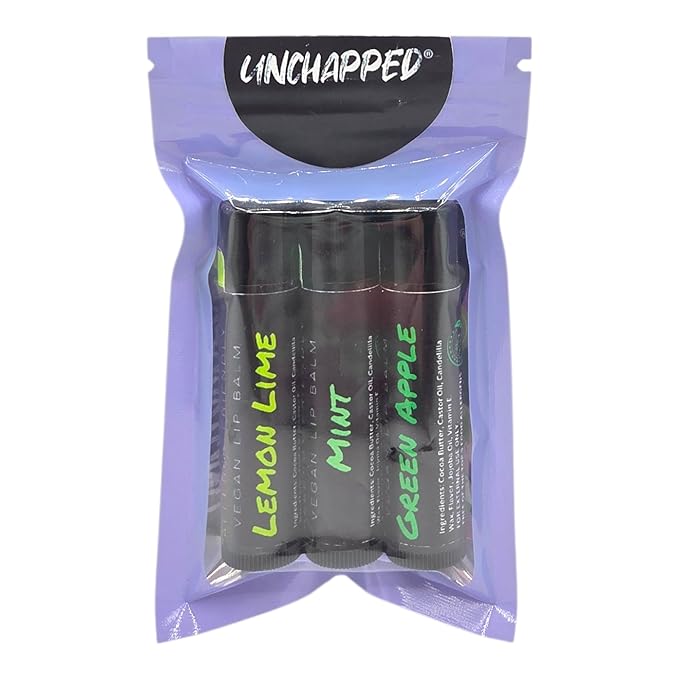 Vegan Lip Balm 3 Pack - All Natural and Free of Beeswax, Soy, Nut, and Top 9 Food Allergens (Mint, Lemon Lime, Green Apple)