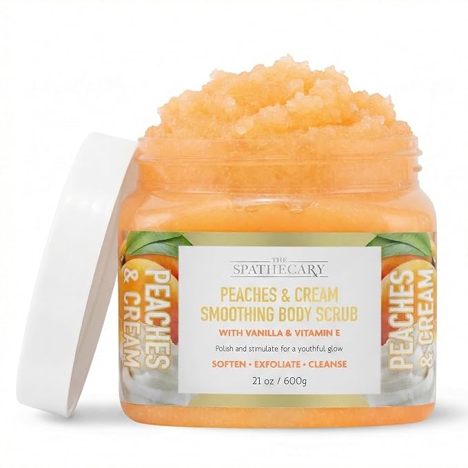 Peaches & Cream Sugar Scrub - Exfoliating & Hydrating Body Scrub, Vanilla & Vitamin E to Help Polish, Stimulate & Soften Skin For A Youthful Glow, Body Care Exfoliator & Cleanser, 21 oz