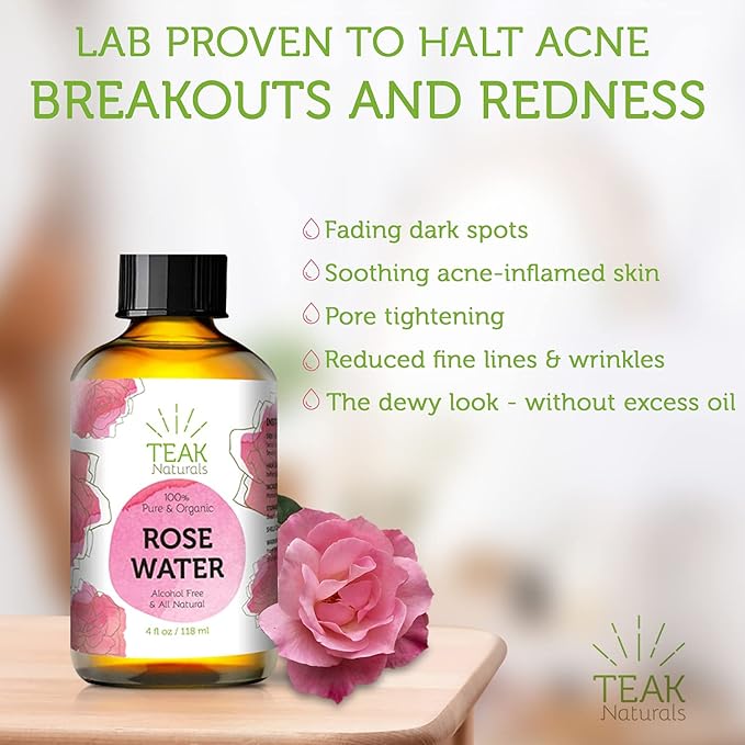 Rose Water Toner, 100% Organic Natural Moroccan Rosewater, Chemical Free, 4 oz