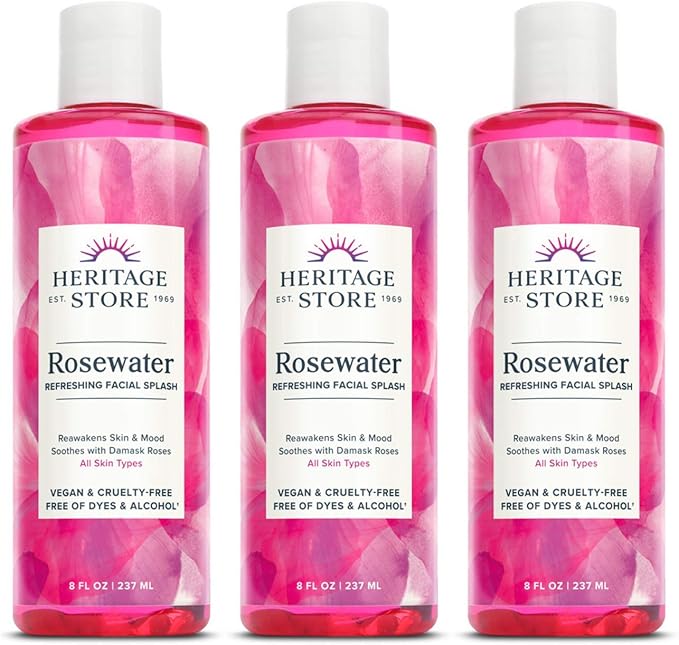 Heritage Store Rosewater, Refreshing Facial Splash for Glowing Skin, with Damask Rose, All Skin Types, Rose Water for Face Made Without Dyes or Alcohol, Vegan & Cruelty Free (8oz, 3pk)