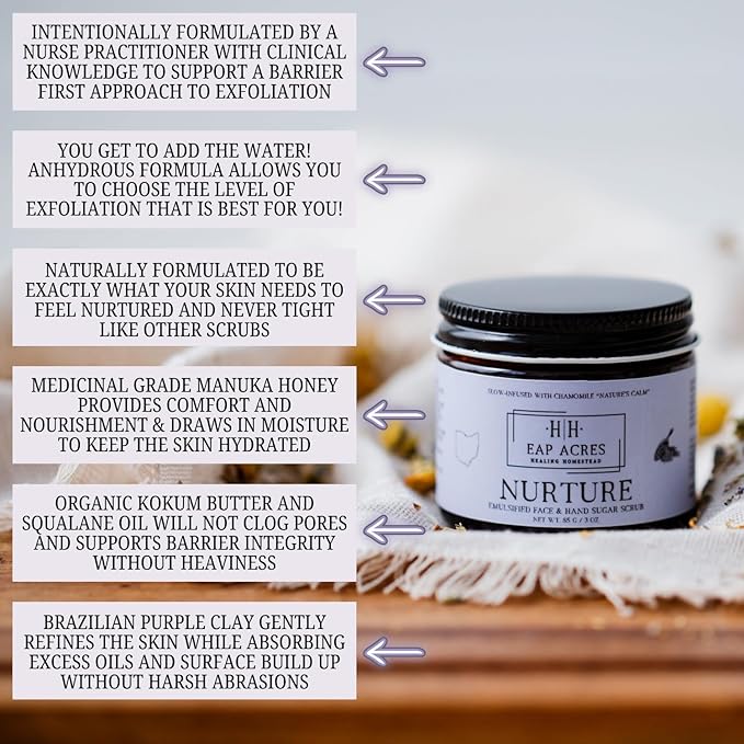 Emulsified Face Sugar Scrub, Organic squalane oil/Castor oil: infused Chamomile, Kokum Butter, Purple Clay, Colloidal Oatmeal, Manuka Honey-Gentle exfoliant: Dry/Sensitive/Acne-Prone (NURTURE)