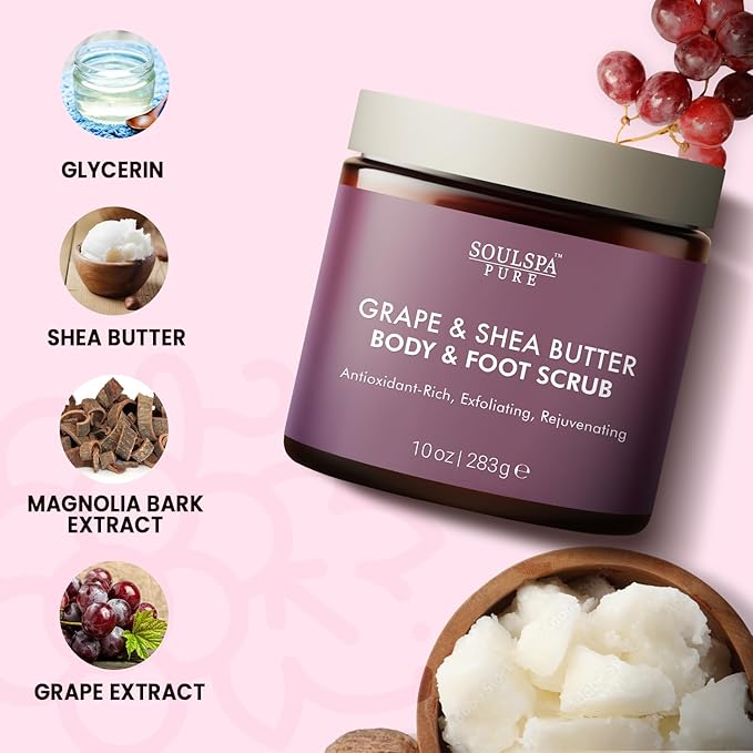 SOULSPA PURE Grape & Shea Butter Body & Foot Scrub - Rejuvenating & Antioxidant Rich Exfoliating Body Scrub for Glowing Skin, 10 oz