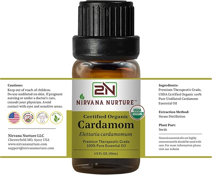 Cardamom Essential Oil, USDA Certified Organic, 100% Pure Undiluted, Aromatherapy Oil for Diffuser, Hair & Skin Care